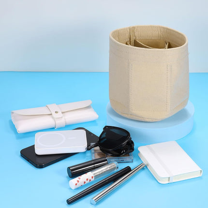 Purse Organizer Insert, Portable Felt Organizer Bags Round Multiple Compartments Purse Liner for Bucket Bag, Domed Satchel, Tote Bag, Handbag Shaper (8" x 4" x 5.5", Beige)