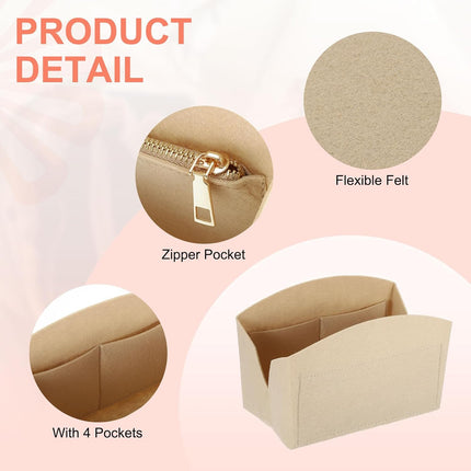 Purse Organizer Insert, Portable Felt Organizer Bags with Metal Zipper Multiple Compartments Purse Liner for Domed Satchel, Tote Bag, Handbag Shaper (8" x 4" x 5.5", Beige)