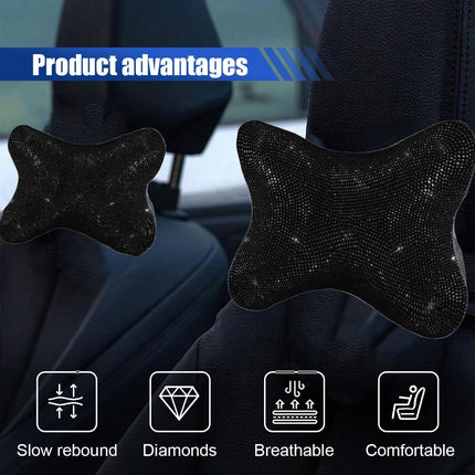 2PCS Car Neck Pillow for Driving Seat, Bling Crystal Rhinestone Diamond Comfortable Headrest Cushion, Head Rest Neck Support Relax, Car Interior Accessories for Women Girly (Black)