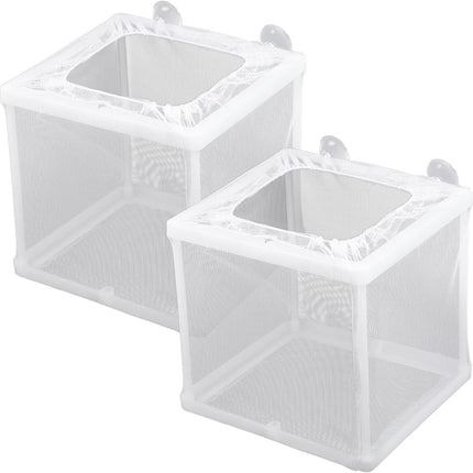 2 Pack Fish Incubator Mesh Box Aquarium, 6.3" x 5.51" x 5.91" Breeder Box for Fish Tank White Nylon Mesh Fishes Breeder Boxes for Aquarium Juvenile Fishes Separation Net Fry Hatchery with Suction Cups