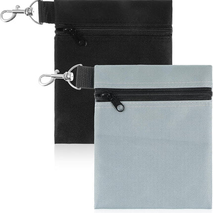 2 Pack Golf Ball Bag, Golf Tee Bag Pouch 6.7" x 5.5" Zippered Pouch with Metal Lobster Clip, Waterproof Golfs Accessories Organizer for Tees Balls, Valuables Holder, Men Women (Black, Gray)