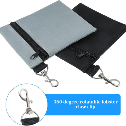 2 Pack Golf Ball Bag, Golf Tee Bag Pouch 6.7" x 5.5" Zippered Pouch with Metal Lobster Clip, Waterproof Golfs Accessories Organizer for Tees Balls, Valuables Holder, Men Women (Black, Gray)
