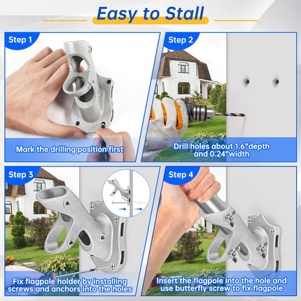 Flag Pole Holder,  Flag Pole Brackets Mount Outside House Heavy-Duty Aluminum Metal Rust Proof Bracket 1" Inner Diameter 2 Positions with Hardwares for Outdoor Wall Mounting Porch( Silver-1 Pack)