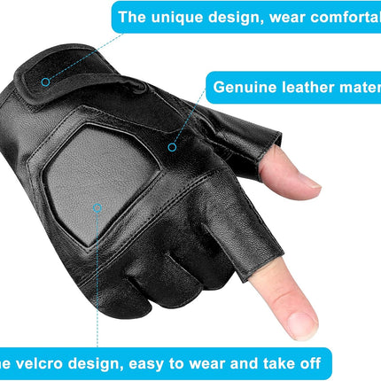 Genuine Leather Cycling Fingerless Gloves, Outdoor Driving Motorcycle Sport Half Finger Glove for Men Women Teens