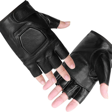Genuine Leather Cycling Fingerless Gloves, Outdoor Driving Motorcycle Sport Half Finger Glove for Men Women Teens