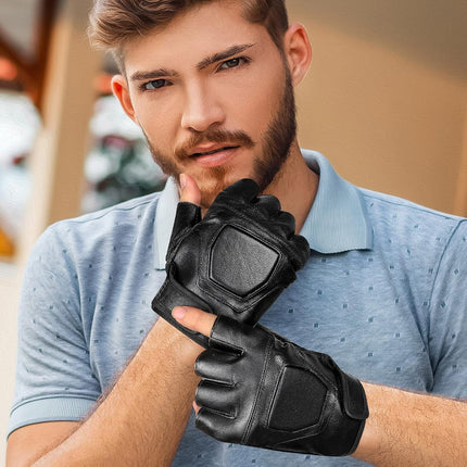 Genuine Leather Cycling Fingerless Gloves, Outdoor Driving Motorcycle Sport Half Finger Glove for Men Women Teens