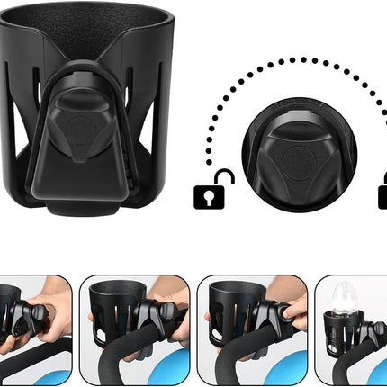 Universal Cup Holder, Stroller Cup Holder, 360° Rotatable Large Caliber Designed Bottle Holder for Stroller, Bike, Wheelchair, Walker, Scooter, Black