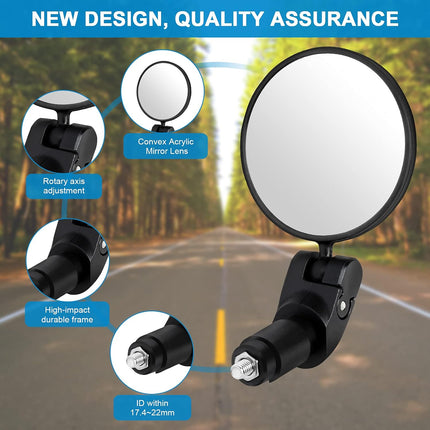 2pcs Bike Mirror, Bar End Bicycle Riding Rearview Mirrors for Handlebars, Adjustable 360 Degree Rotatable Convex Mirror for Mountain Road Bikes