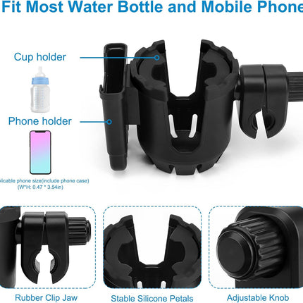 Stroller Cup Holder with Phone Holder, Universal Cup Holder, 2-in-1 Cup Phone Holder for Stroller, Bike, Walker, Wheelchair
