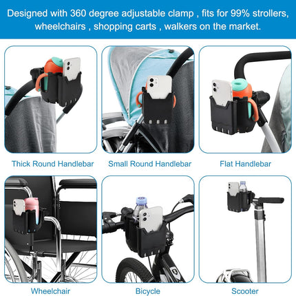 Stroller Cup Holder with Phone Holder, Universal Cup Holder, 2-in-1 Cup Phone Holder for Stroller, Bike, Walker, Wheelchair