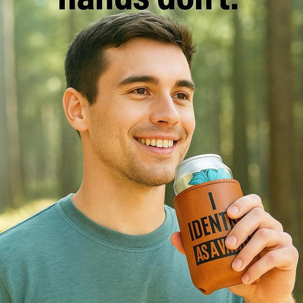 Funny Birthday Gifts for Men - Gag & Retirement Gift Ideas for Dad Husband Boyfriend : I Identify As A Water Faux Leather Can Cooler Sleeve