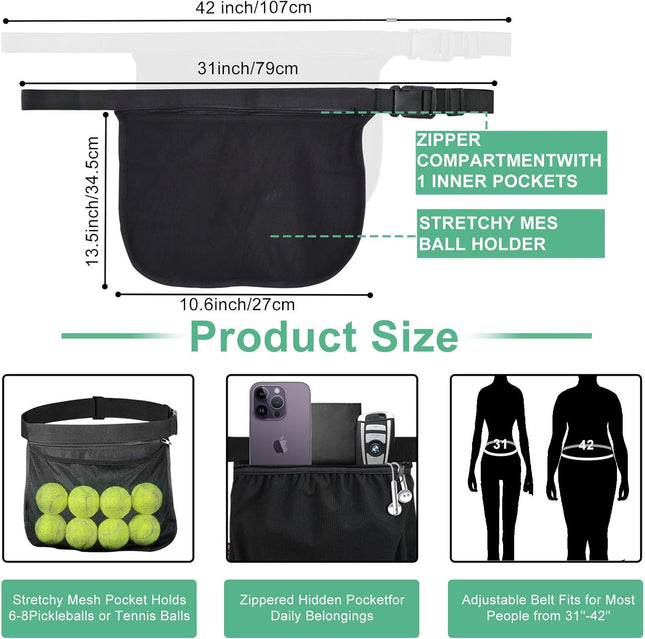 Tennis Ball Holder Ball Bag Adjustable Pickleball Waist Pouch Holder Pickleball Bags Holding 8-10 – product detail