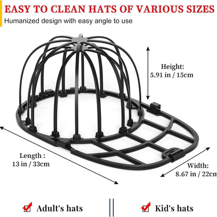 Hat Washer Cage for Washing Machine & Dishwasher- Ball Cap Washer for Baseball Caps & Hats, Baseball Cap Cleaner and Shaper, Fits Adult/Kids Caps (Black)