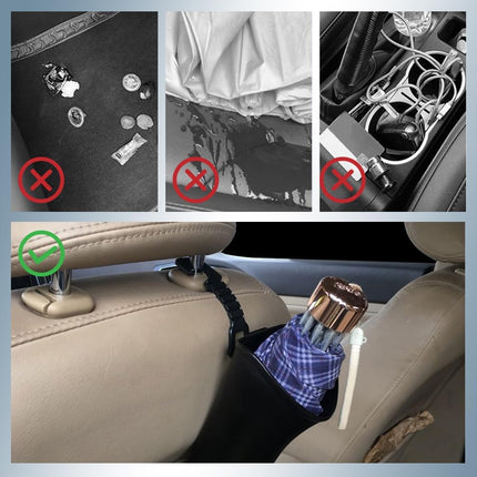 Car Trash Bin & Organizer - Under Seat or Center Console Storage Box with Umbrella Holder - Black - Set of 1