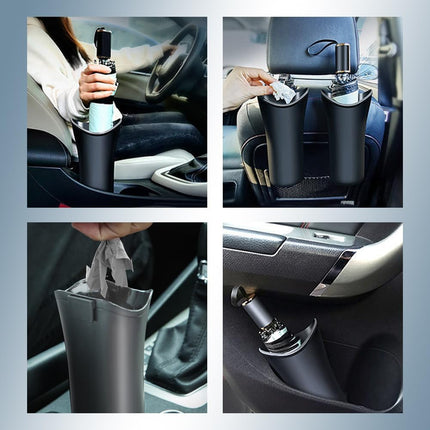 Car Trash Bin & Organizer - Under Seat or Center Console Storage Box with Umbrella Holder - Black - Set of 1