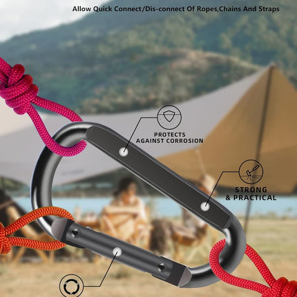 2 Pack Aluminum Black D-Shaped Carabiner 8cm - Camping Outdoor Keychain Clip for Backpack Keys