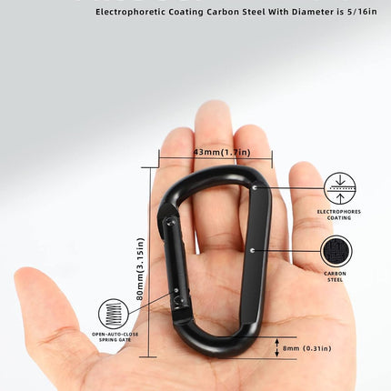 2 Pack Aluminum Black D-Shaped Carabiner 8cm - Camping Outdoor Keychain Clip for Backpack Keys