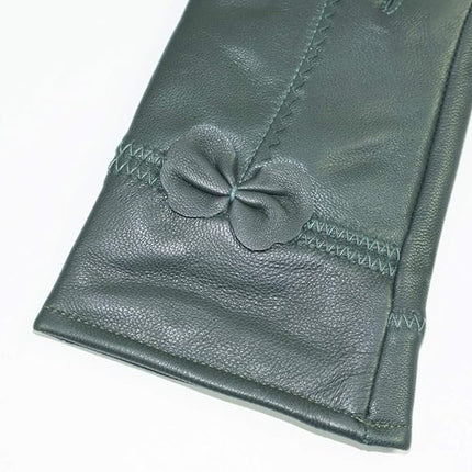 Military Green Winter Leather Gloves - Warm Fleece Lined - Stylish Size L