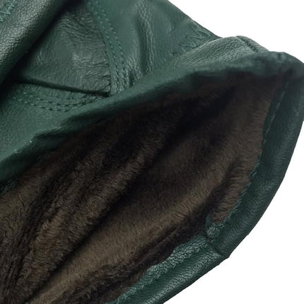 Military Green Winter Leather Gloves - Warm Fleece Lined - Stylish Size L