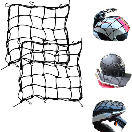 2 Pack 40x40cm Elastic Motorcycle Cargo Net with 6 Anti-Scratch Hooks for Scooter Helmet Storage - Black
