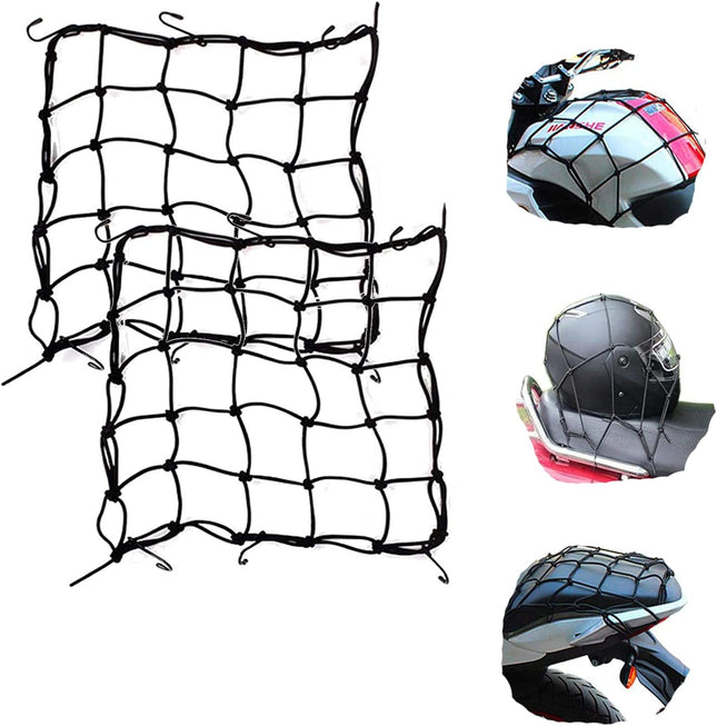 2 Pack 40x40cm Elastic Motorcycle Cargo Net with 6 Anti-Scratch Hooks for Scooter Helmet Storage