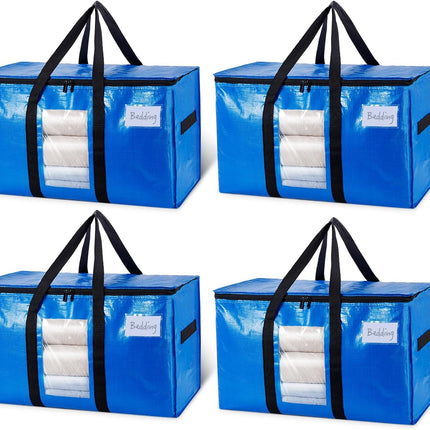 Extra Large Moving Bags, 4 Pack Blue Heavy Duty Totes For Storage with Visible Window, Wrap Around Handles, Storage Bags for Space Saving, Alternative to Moving Boxes