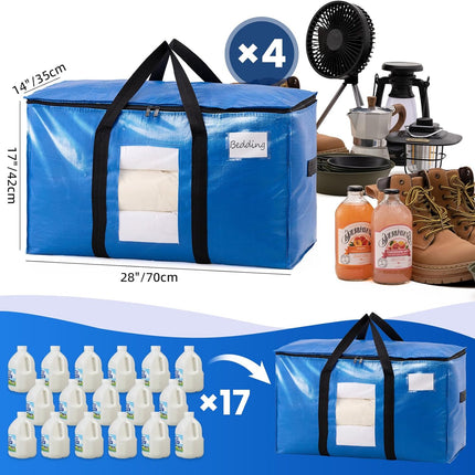 Extra Large Moving Bags, 4 Pack Blue Heavy Duty Totes For Storage with Visible Window, Wrap Around Handles, Storage Bags for Space Saving, Alternative to Moving Boxes