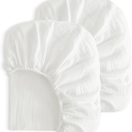2 Pack Muslin Cott Mini Crib Sheets, Soft and Breathable Double Layer 24x38 Baby Crib Sheets for Mini Crib and Toddler Mattresses, Boys, Girls, Unisex, White, 24x38 Inches