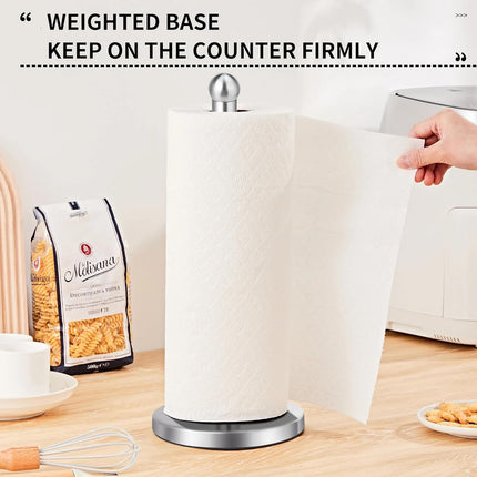 Paper Towel Holder Countertop, Paper Towel Holder with Solid Weighted Base, for Standard and Large Size Rolls (Silver)