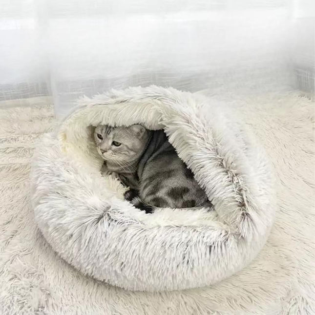 Cat Bed Round Fluffy Hooded Cat Bed Cave Anti-Anxiety Cave Bed with Hooded Blanket Cozy Cuddler (Grey