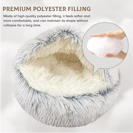 Cat Bed Round Fluffy Hooded Cat Bed Cave, Anti-Anxiety Cave Bed with Hooded Blanket, Cozy Cuddler Luxury Puppy Pet Bed, Anti-Slip Bottom and Machine Washable (Grey, Medium)