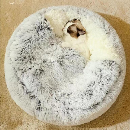 Cat Bed Round Fluffy Hooded Cat Bed Cave, Anti-Anxiety Cave Bed with Hooded Blanket, Cozy Cuddler Luxury Puppy Pet Bed, Anti-Slip Bottom and Machine Washable (Grey, Medium)