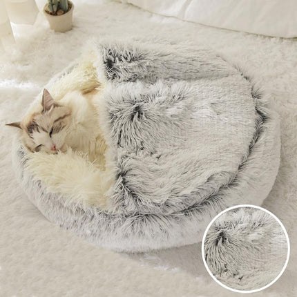 Cat Bed Round Fluffy Hooded Cat Bed Cave, Anti-Anxiety Cave Bed with Hooded Blanket, Cozy Cuddler Luxury Puppy Pet Bed, Anti-Slip Bottom and Machine Washable (Grey, Medium)