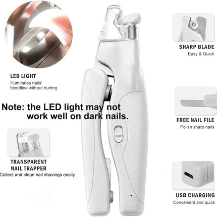 Pet Nail Clipper with LED Light for Dogs & Cats, Rechargeable Nails & Claws Trimmer, Professional Grooming Tool with Nail Trapper & Free Nail File, Quick-Sensor Razor Sharp Blades, White