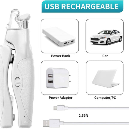Pet Nail Clipper with LED Light for Dogs & Cats, Rechargeable Nails & Claws Trimmer, Professional Grooming Tool with Nail Trapper & Free Nail File, Quick-Sensor Razor Sharp Blades, White