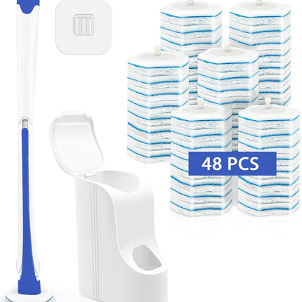 Disposable Toilet Brush with 48PCS Wand Cleaner Refills, Wall Mounted Toilet Bowl Brush Holder Set, Bathroom Cleaning System for Sink Bathtub Wash Basin (Blue)