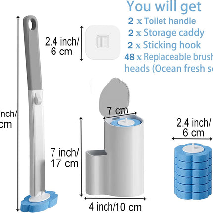 2 Pack Disposable Toilet Brush and Holder Set,Extended Handle with 48 Cleaner Refills Toilet Brush for Toilet Bowl Cleaners,Bathroom Cleaning,Sink, Bathtub, Floor - Blue (Ocean Fresh Scent)