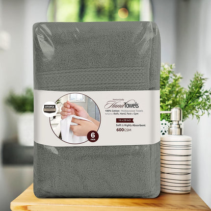 6 Pack Premium Hand Towels, 16 by 28 inches, 100% Ring Spun Cotton, Soft and Absorbent 600 GSM Towels for Bathroom, Gym, and Hotel, Grey