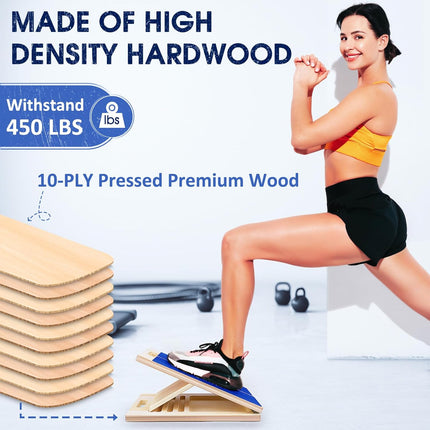 Portable Wooden Slant Board for Calf Stretching Squats Calf Stretcher Physical Therapy Equipment Adjustable Incline Board for Knees Ankle Heel Feet Leg Blue