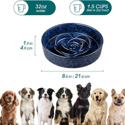 Slow Feeder Dog Bowl, 1.5 Cups Ceramic Slow Feeder for Medium Breed, Puzzle Maze Dog Food Bowl for Fast Eater, Blue