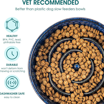 Slow Feeder Dog Bowl, 1.5 Cups Ceramic Slow Feeder for Medium Breed, Puzzle Maze Dog Food Bowl for Fast Eater, Blue