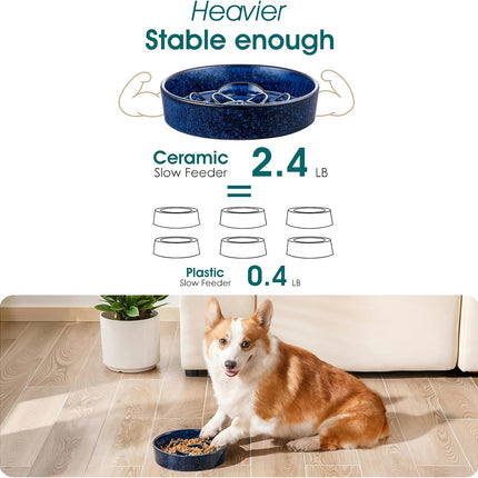 Slow Feeder Dog Bowl, 1.5 Cups Ceramic Slow Feeder for Medium Breed, Puzzle Maze Dog Food Bowl for Fast Eater, Blue