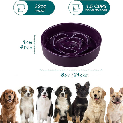Slow Feeder Dog Bowl, 1.5 Cups Ceramic Slow Feeder for Medium Breed, Puzzle Maze Food Dog Bowl for Fast Eater, Dark Purple