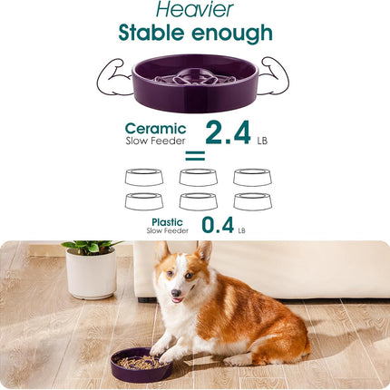 Slow Feeder Dog Bowl, 1.5 Cups Ceramic Slow Feeder for Medium Breed, Puzzle Maze Food Dog Bowl for Fast Eater, Dark Purple