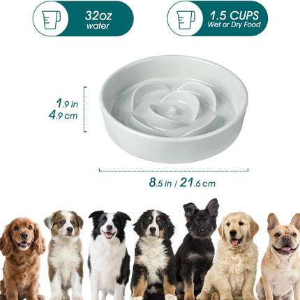 Slow Feeder Dog Bowl, 1.5 Cups Ceramic Dog Food Dish for Fast Eaters Small Breed, Puzzle Bowl for Small Dogs and Cats, Grayish Cyan