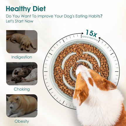 Slow Feeder Dog Bowl, 1.5 Cups Ceramic Dog Food Dish for Fast Eaters Small Breed, Puzzle Bowl for Small Dogs and Cats, Grayish Cyan