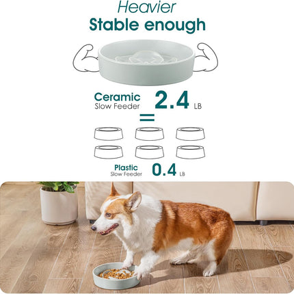 Slow Feeder Dog Bowl, 1.5 Cups Ceramic Dog Food Dish for Fast Eaters Small Breed, Puzzle Bowl for Small Dogs and Cats, Grayish Cyan