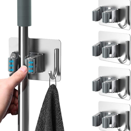 Mop Broom Holder No Drill, Mop Broom Organizer Wall Mounted Heavy Duty with Hooks Hanger, Self Adhesive Stainless Steel 4Pcs for Bathroom, Kitchen, Office (Silver)