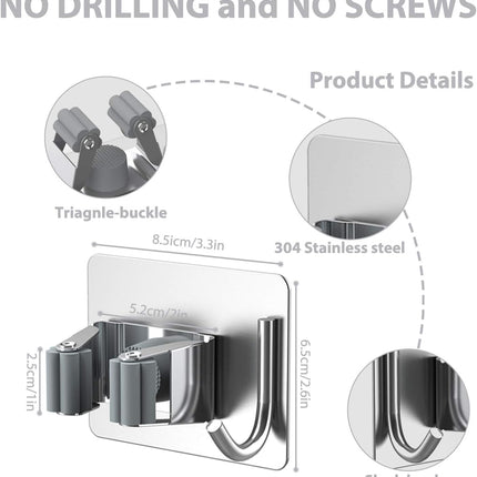 Mop Broom Holder No Drill, Mop Broom Organizer Wall Mounted Heavy Duty with Hooks Hanger, Self Adhesive Stainless Steel 4Pcs for Bathroom, Kitchen, Office (Silver)
