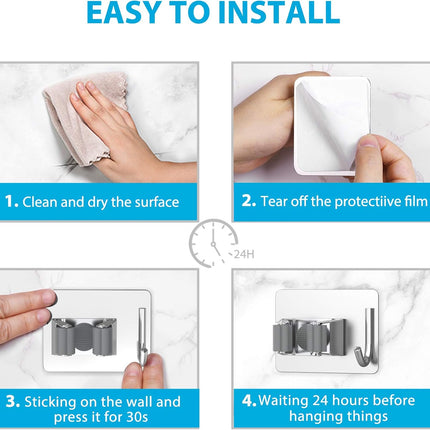 Mop Broom Holder No Drill, Mop Broom Organizer Wall Mounted Heavy Duty with Hooks Hanger, Self Adhesive Stainless Steel 4Pcs for Bathroom, Kitchen, Office (Silver)